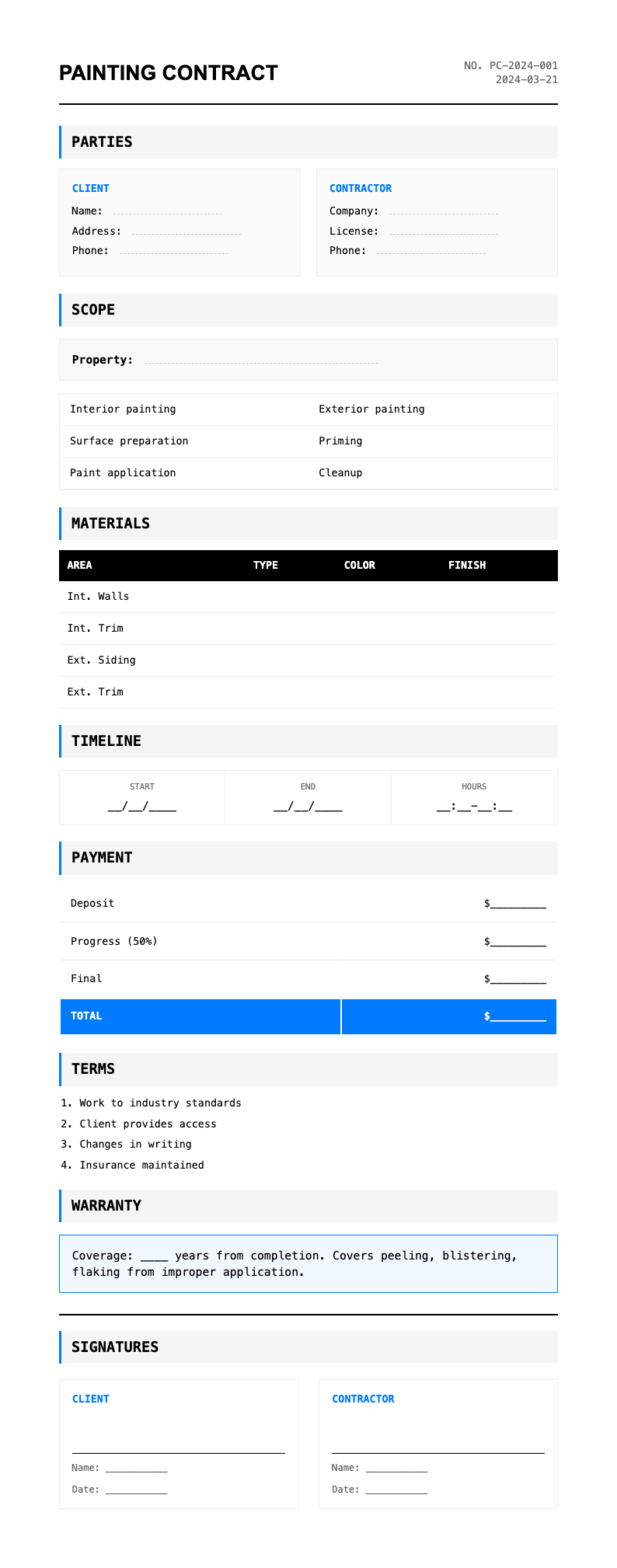 Minimalist invoice painting contract